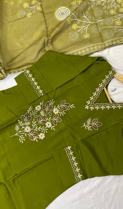 Olive Green Floral Bouquet Embroidered Kurta Set with Jacquard Dupatta |SC16_3