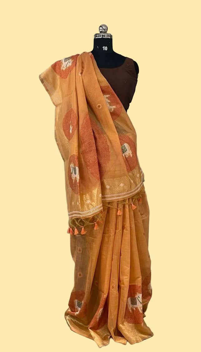 Orange Cotton Silk Saree with Gold Zari Border | CS7_1