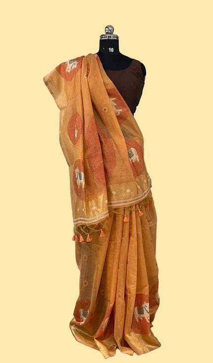 Orange Cotton Silk Saree with Gold Zari Border | CS7_1