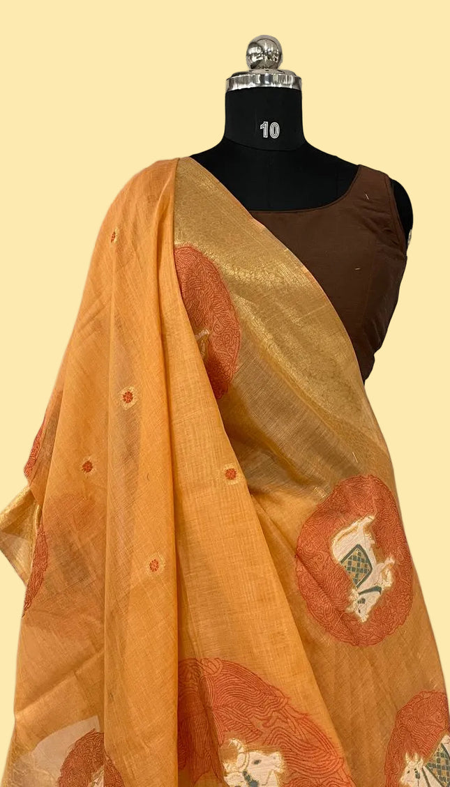 Orange Cotton Silk Saree with Gold Zari Border | CS7_1