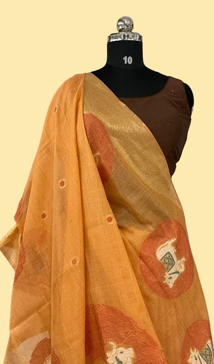 Orange Cotton Silk Saree with Gold Zari Border | CS7_1