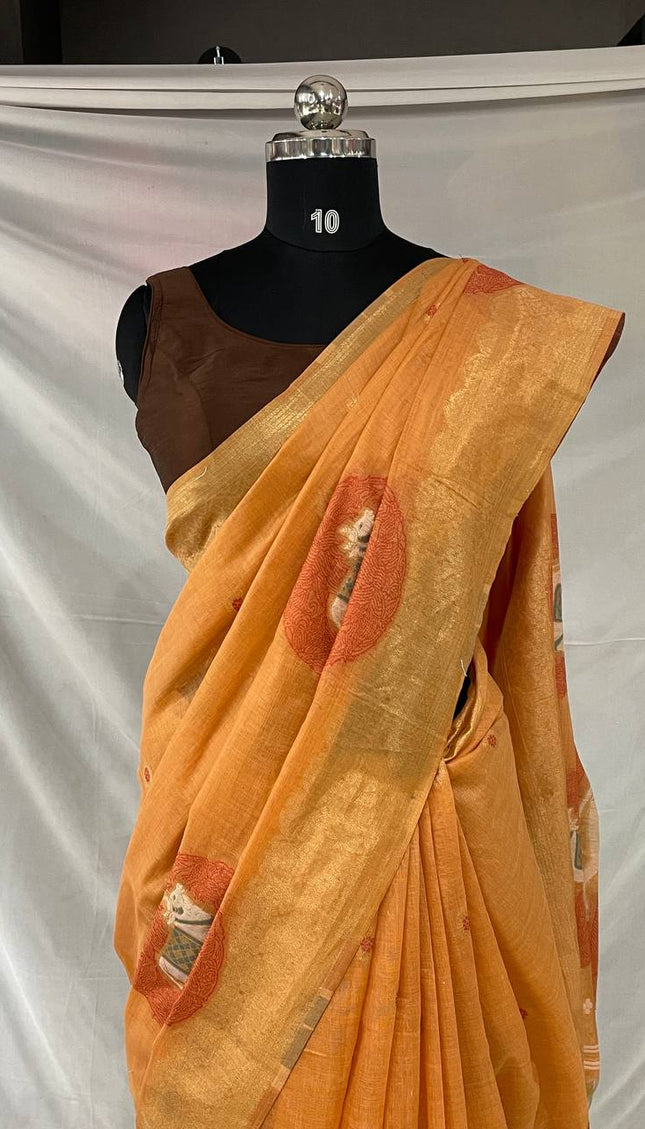 Orange Cotton Silk Saree with Gold Zari Border | CS7_1