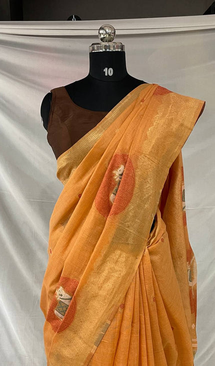 Orange Cotton Silk Saree with Gold Zari Border | CS7_1