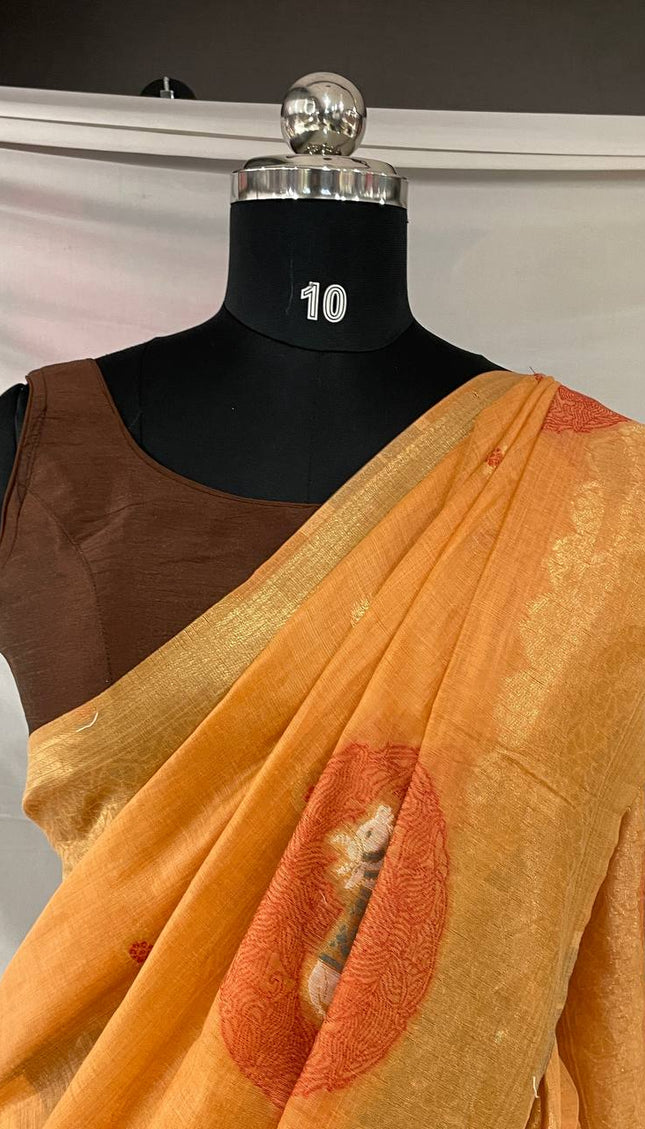 Orange Cotton Silk Saree with Gold Zari Border | CS7_1