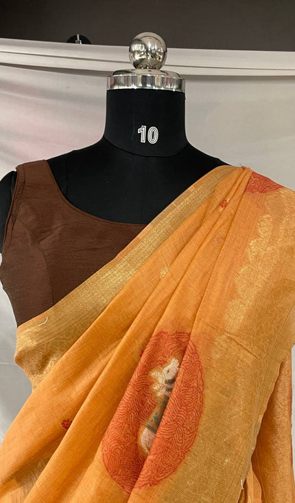 Orange Cotton Silk Saree with Gold Zari Border | CS7_1