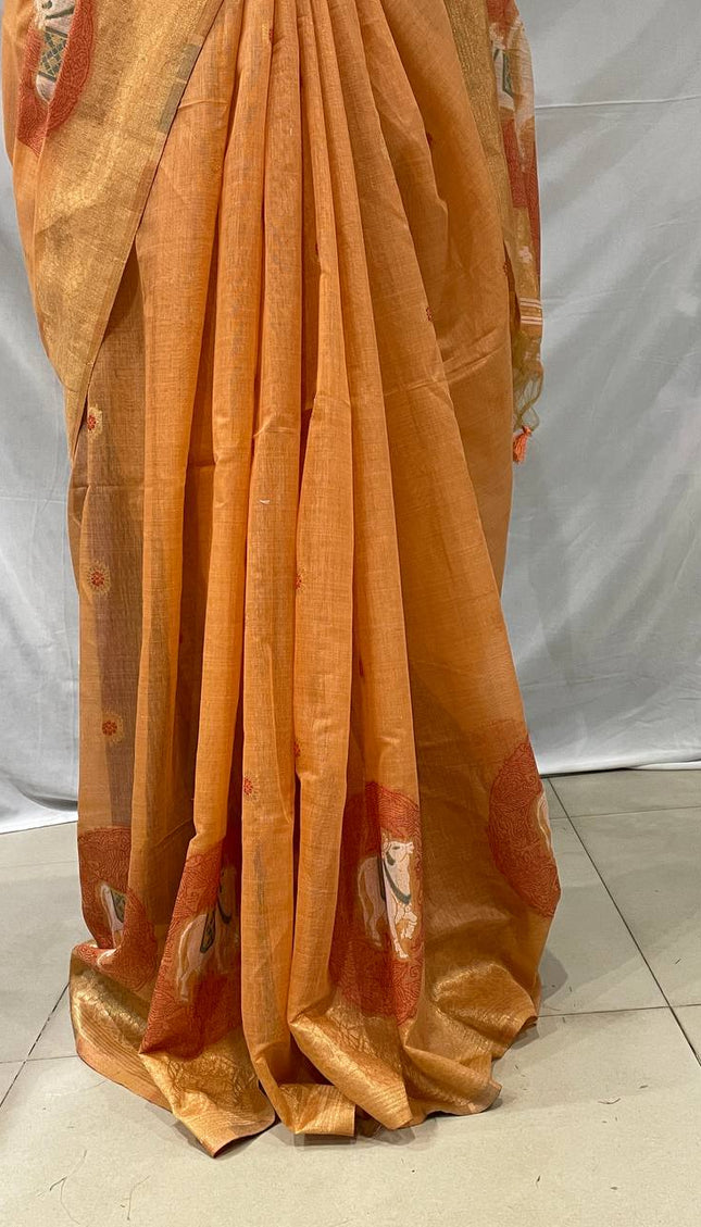 Orange Cotton Silk Saree with Gold Zari Border | CS7_1