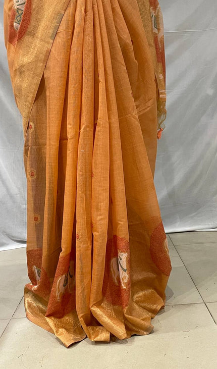 Orange Cotton Silk Saree with Gold Zari Border | CS7_1