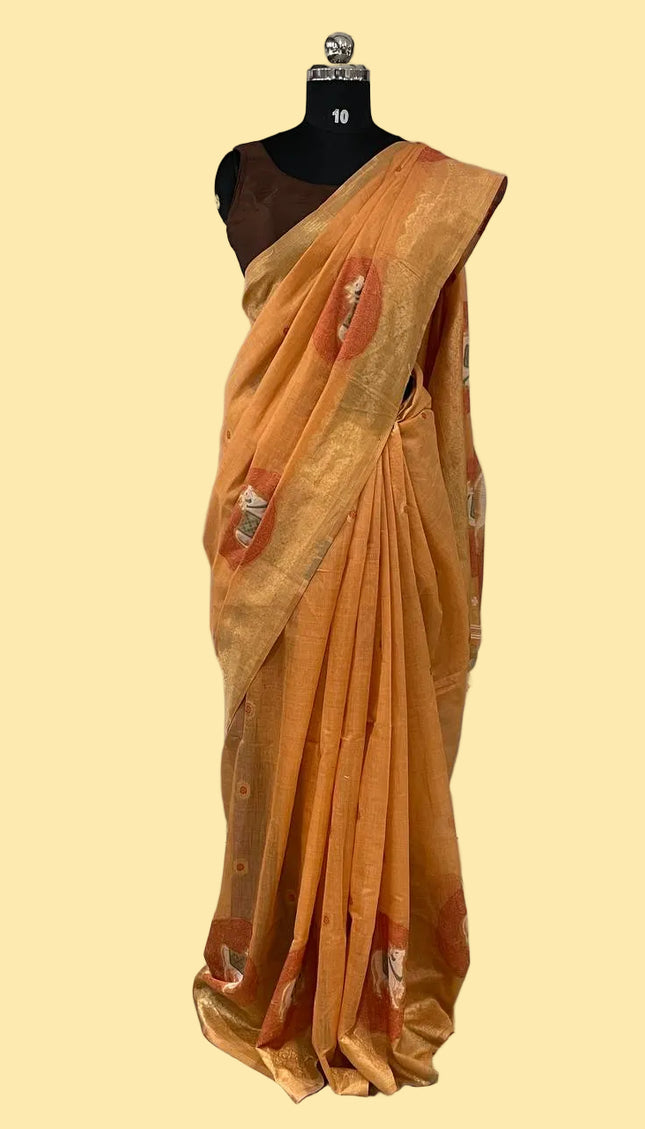 Orange Cotton Silk Saree with Gold Zari Border | CS7_1