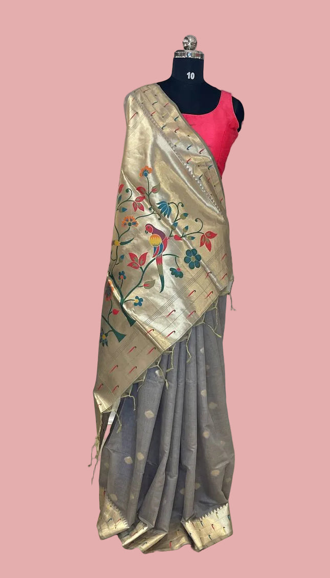 Steel Grey Premium Linen Cotton  with Paithani Parrot & Floral Pallu |CS6_3