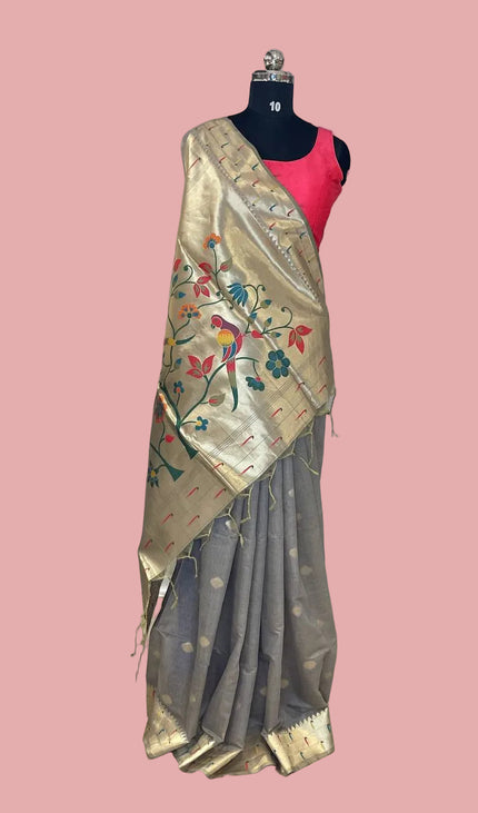 Steel Grey Premium Linen Cotton  with Paithani Parrot & Floral Pallu |CS6_3