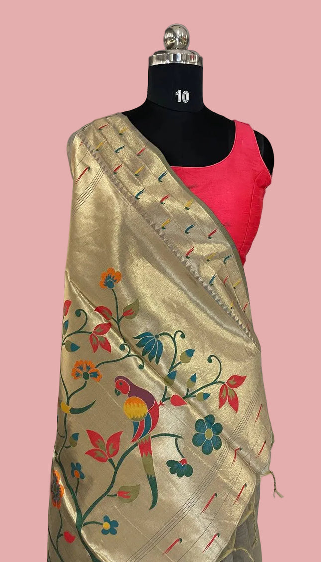 Steel Grey Premium Linen Cotton  with Paithani Parrot & Floral Pallu |CS6_3