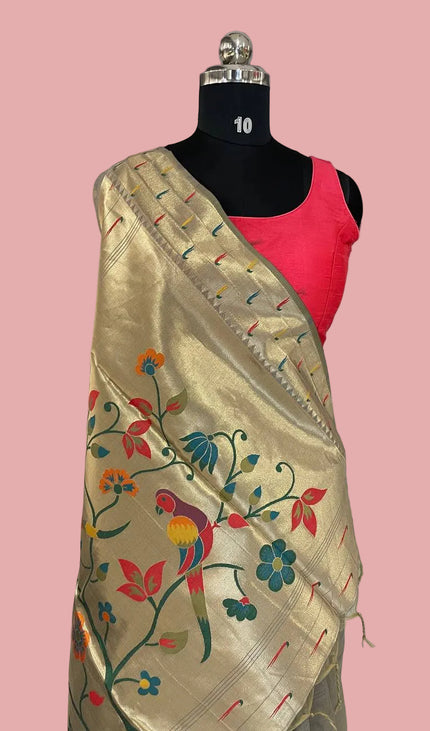 Steel Grey Premium Linen Cotton  with Paithani Parrot & Floral Pallu |CS6_3