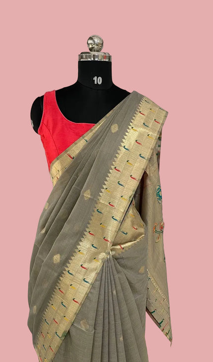 Steel Grey Premium Linen Cotton  with Paithani Parrot & Floral Pallu |CS6_3