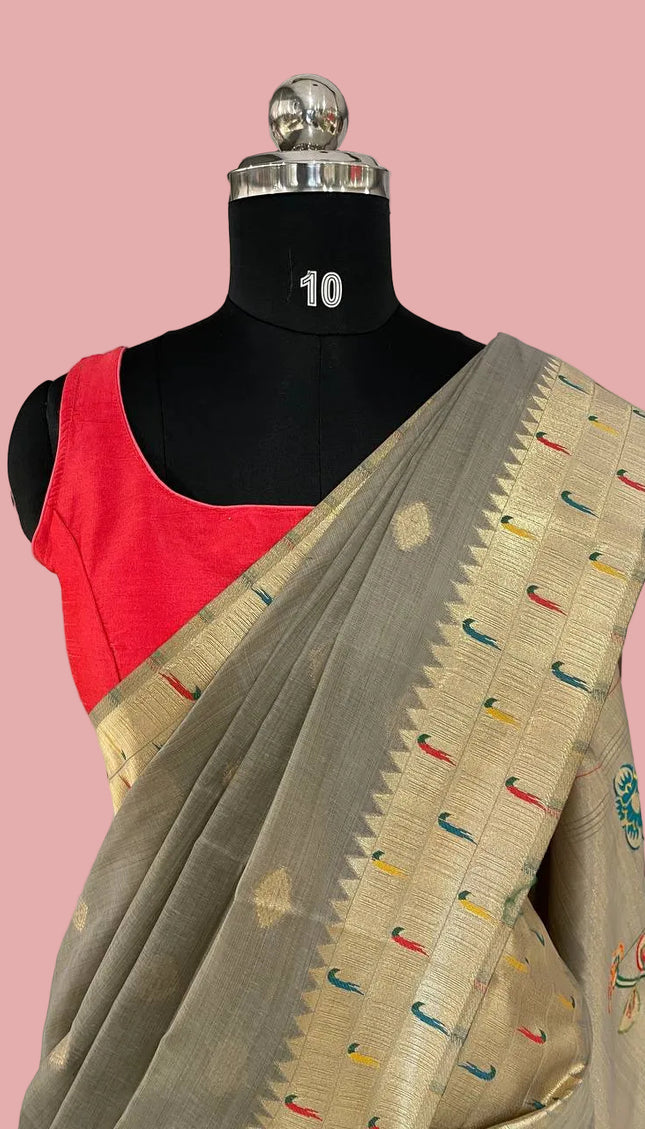Steel Grey Premium Linen Cotton  with Paithani Parrot & Floral Pallu |CS6_3