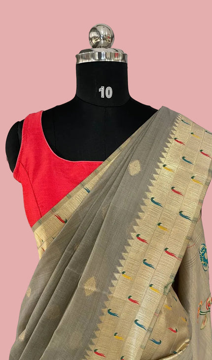 Steel Grey Premium Linen Cotton  with Paithani Parrot & Floral Pallu |CS6_3