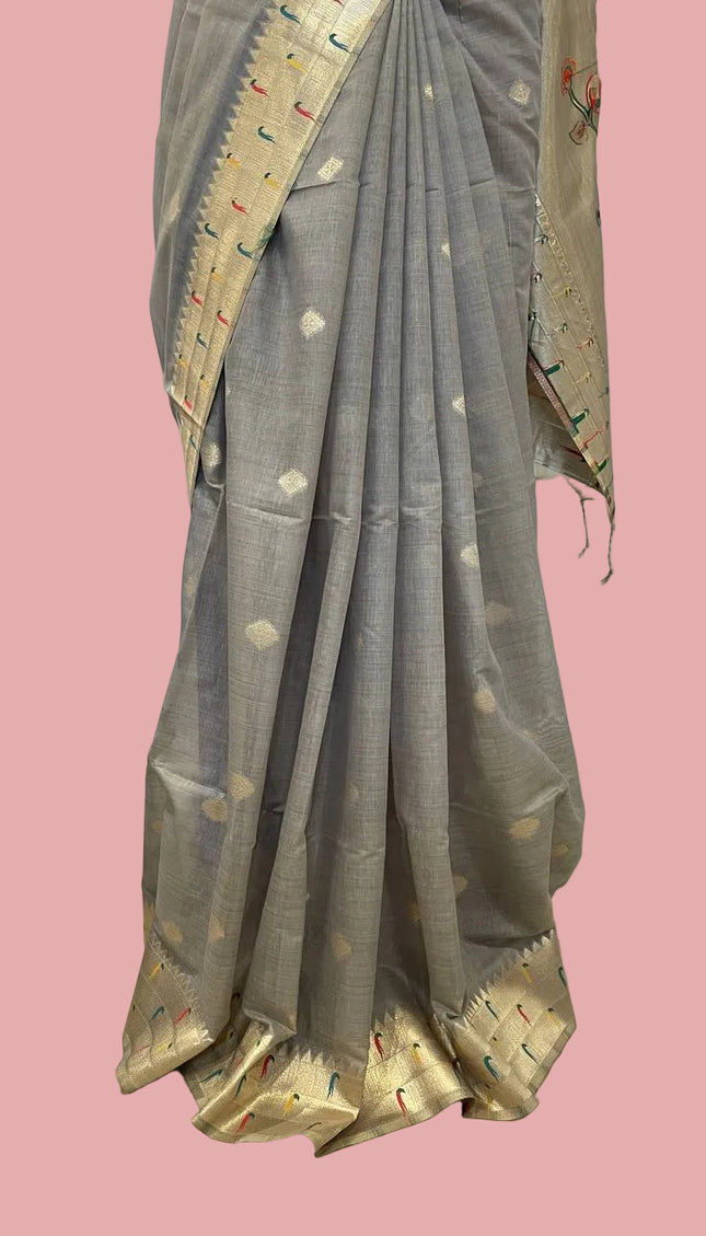 Steel Grey Premium Linen Cotton  with Paithani Parrot & Floral Pallu |CS6_3