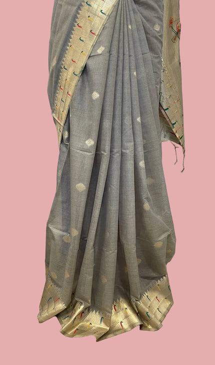 Steel Grey Premium Linen Cotton  with Paithani Parrot & Floral Pallu |CS6_3