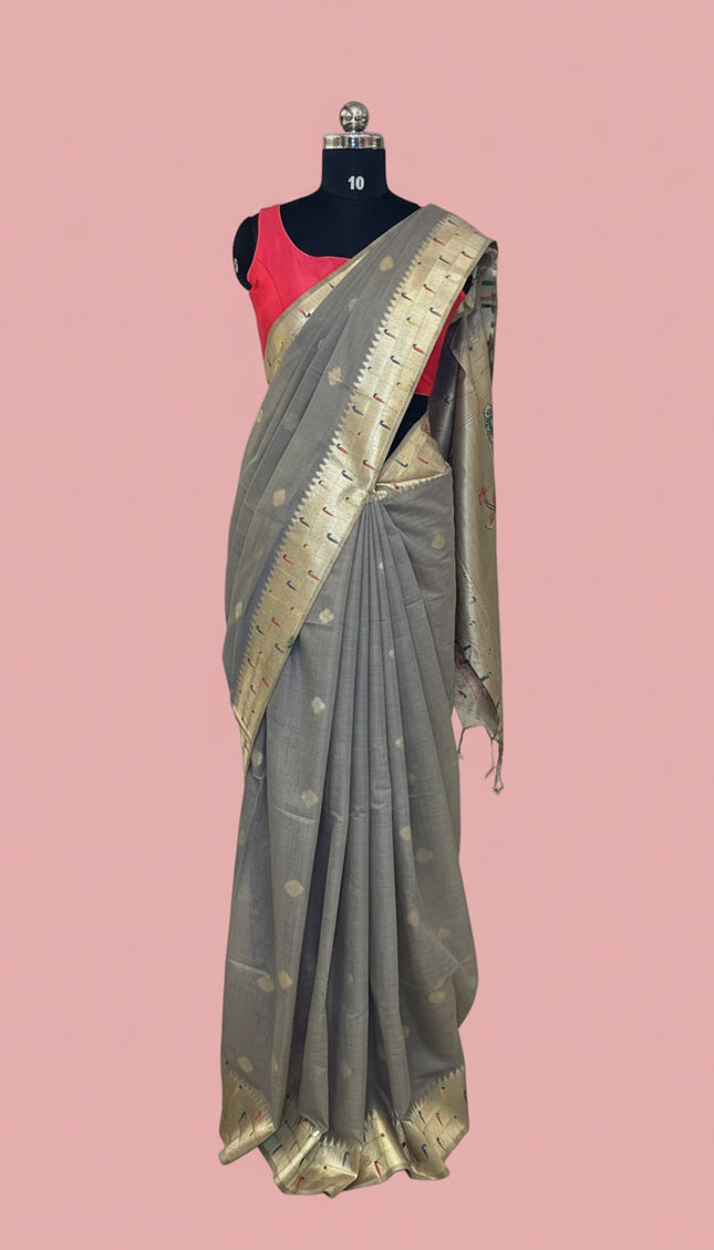 Steel Grey Premium Linen Cotton  with Paithani Parrot & Floral Pallu |CS6_3