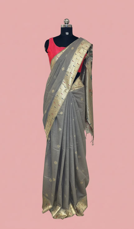Steel Grey Premium Linen Cotton  with Paithani Parrot & Floral Pallu |CS6_3