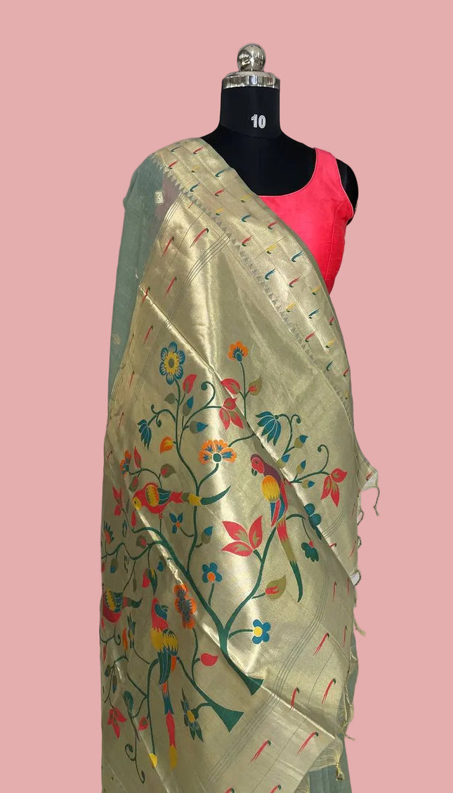 Sage Green Linen Cotton Saree with Paithani Gold Zari Border & Butti|CS6_2