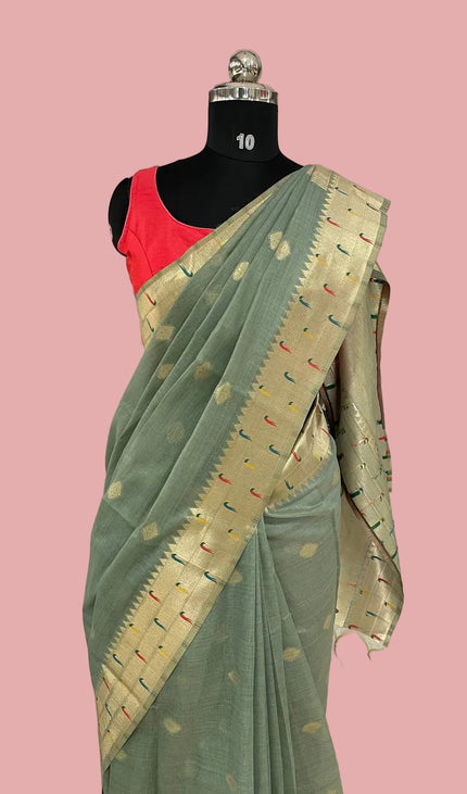 Sage Green Linen Cotton Saree with Paithani Gold Zari Border & Butti|CS6_2
