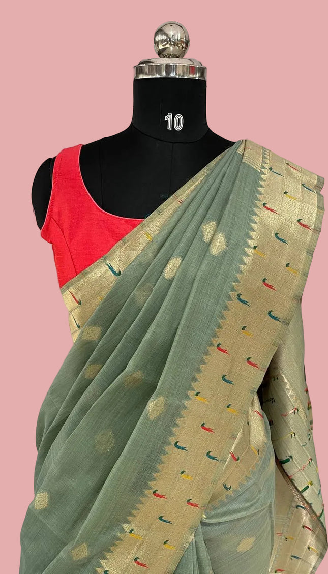 Sage Green Linen Cotton Saree with Paithani Gold Zari Border & Butti|CS6_2