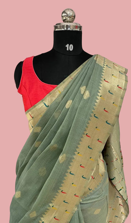 Sage Green Linen Cotton Saree with Paithani Gold Zari Border & Butti|CS6_2