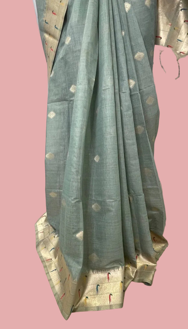Sage Green Linen Cotton Saree with Paithani Gold Zari Border & Butti|CS6_2