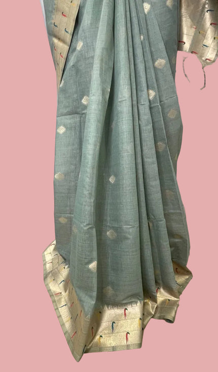 Sage Green Linen Cotton Saree with Paithani Gold Zari Border & Butti|CS6_2