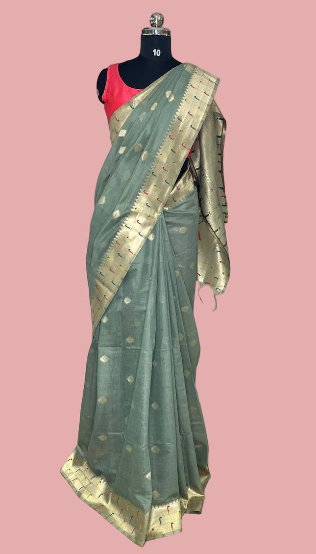 Sage Green Linen Cotton Saree with Paithani Gold Zari Border & Butti|CS6_2