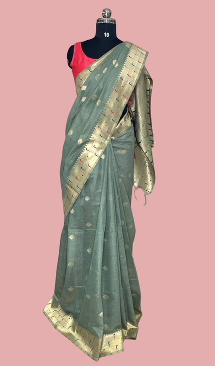 Sage Green Linen Cotton Saree with Paithani Gold Zari Border & Butti|CS6_2