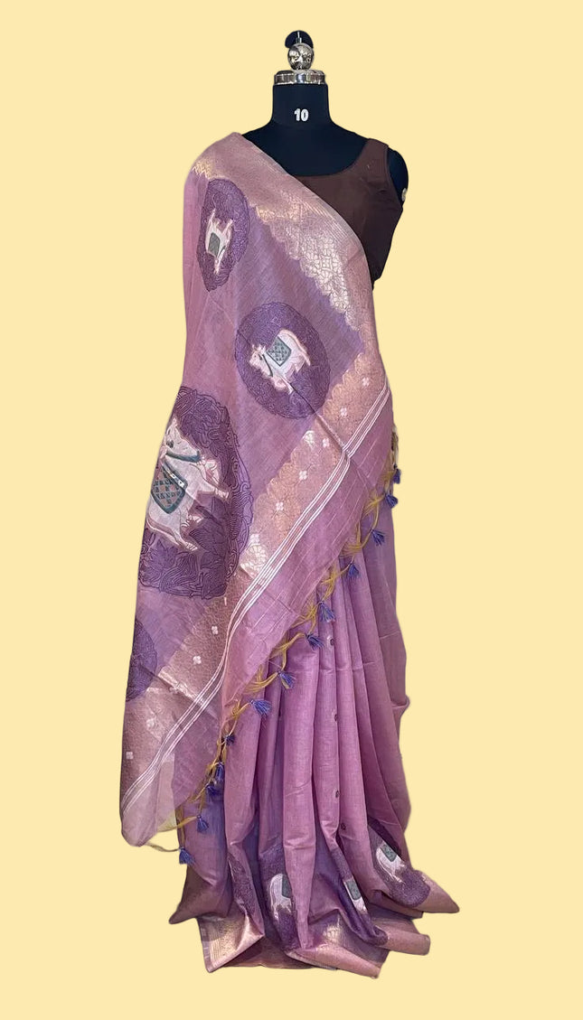 Lavender Purple Tissue Silk Saree with Silver Zari Border  |CS7_2