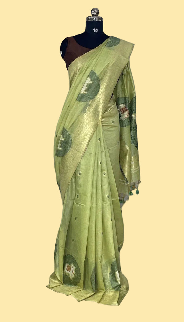 Lime Green Tissue Silk Saree with Gold Zari Border|CS7_4