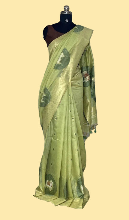 Lime Green Tissue Silk Saree with Gold Zari Border|CS7_4