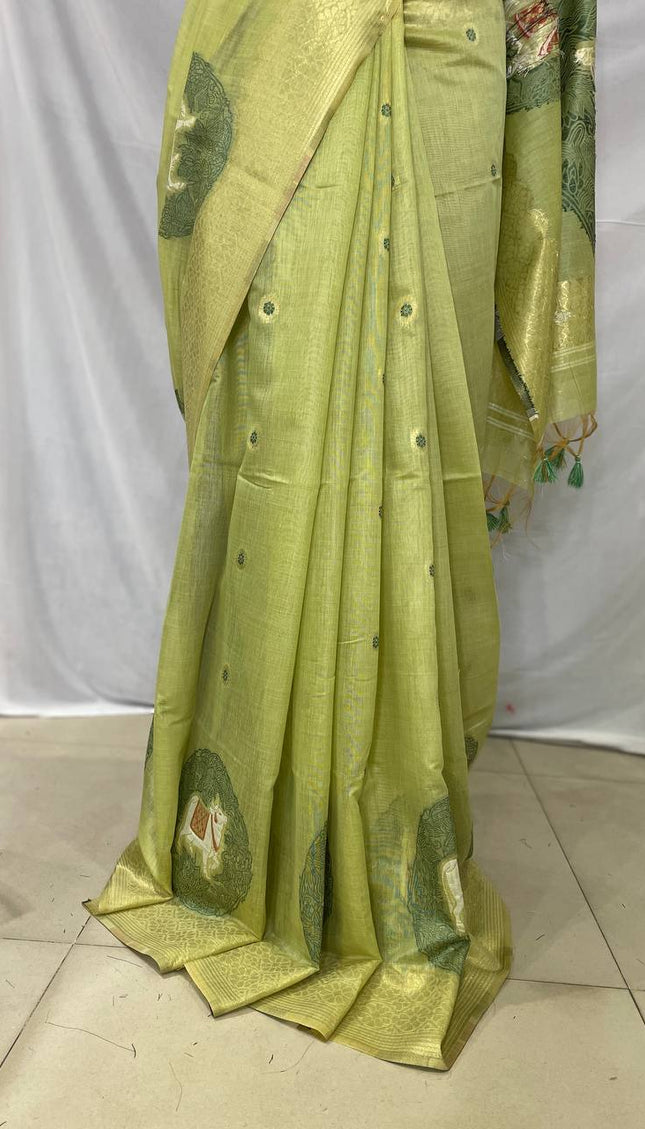 Lime Green Tissue Silk Saree with Gold Zari Border|CS7_4