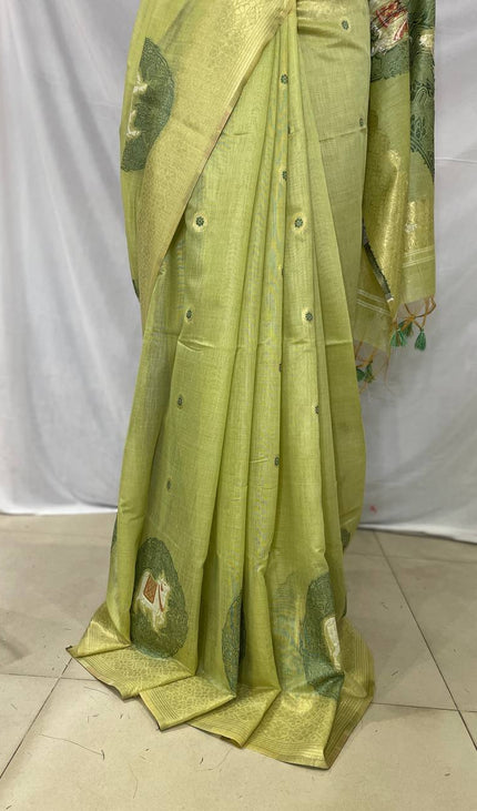 Lime Green Tissue Silk Saree with Gold Zari Border|CS7_4