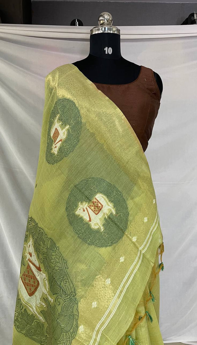 Lime Green Tissue Silk Saree with Gold Zari Border|CS7_4