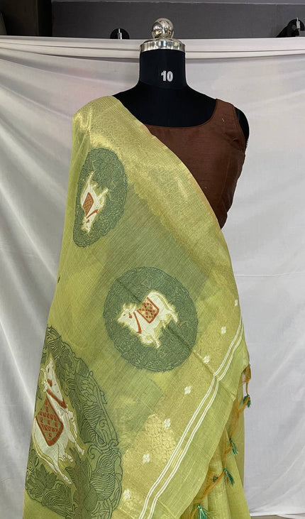 Lime Green Tissue Silk Saree with Gold Zari Border|CS7_4