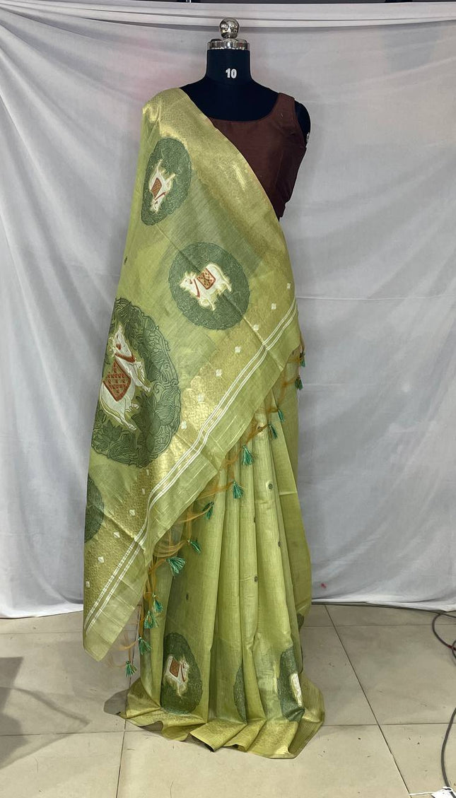 Lime Green Tissue Silk Saree with Gold Zari Border|CS7_4