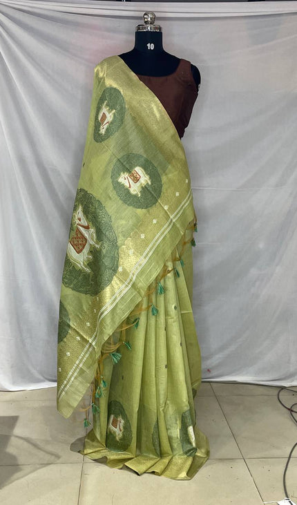 Lime Green Tissue Silk Saree with Gold Zari Border|CS7_4