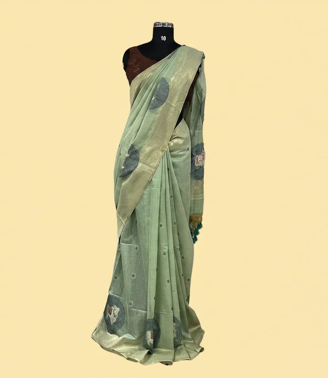 Mint Green Tissue Silk Saree with  Gold Zari Border|CS7_5