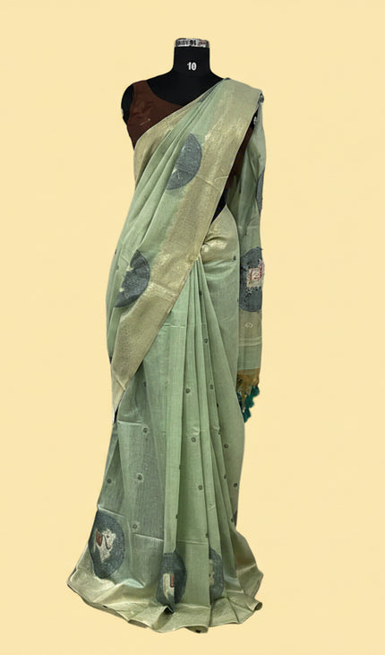 Mint Green Tissue Silk Saree with  Gold Zari Border|CS7_5