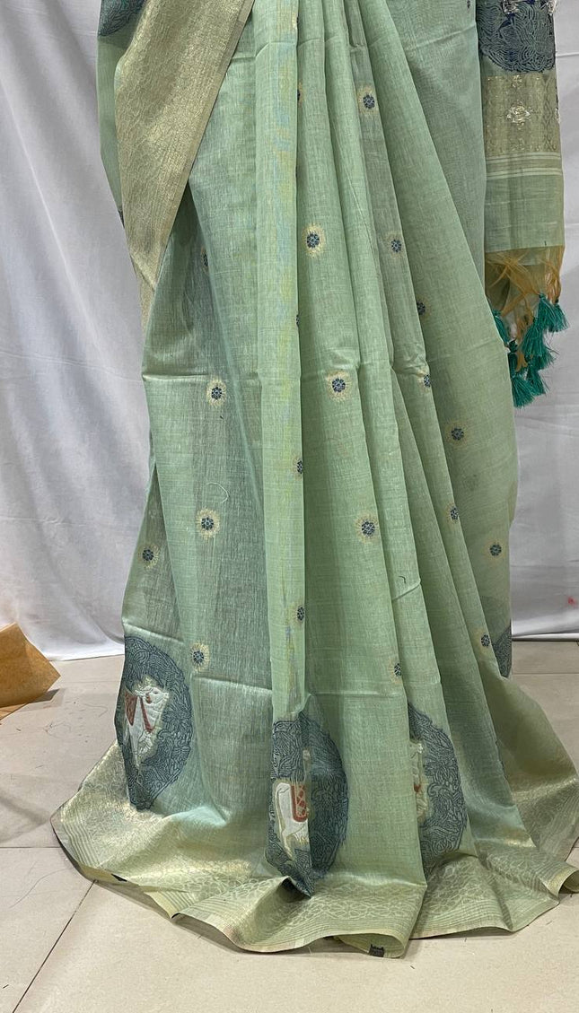 Mint Green Tissue Silk Saree with  Gold Zari Border|CS7_5