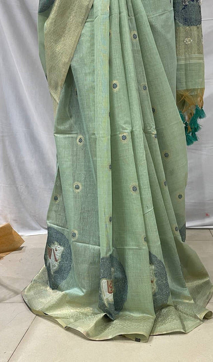 Mint Green Tissue Silk Saree with  Gold Zari Border|CS7_5