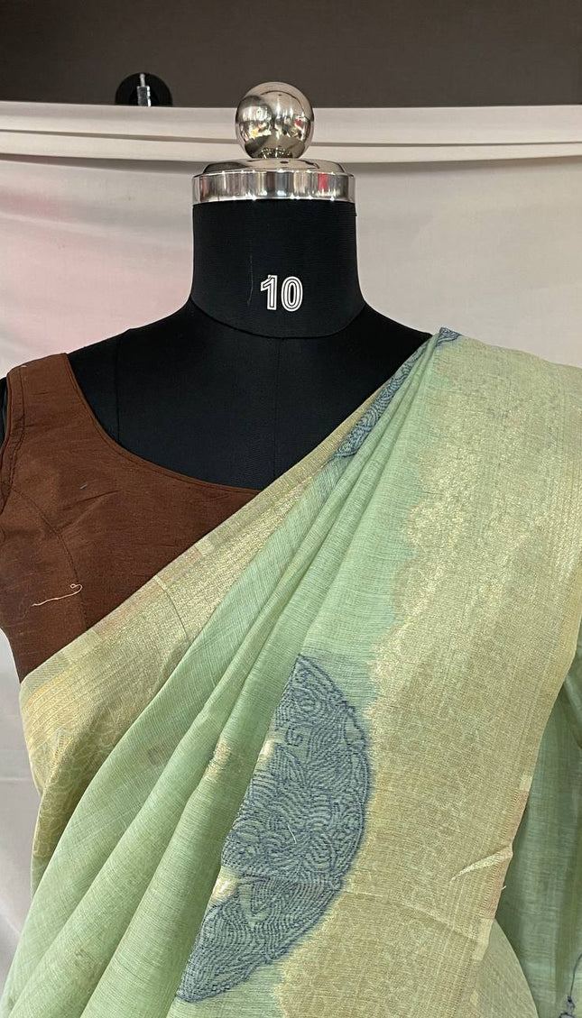 Mint Green Tissue Silk Saree with  Gold Zari Border|CS7_5
