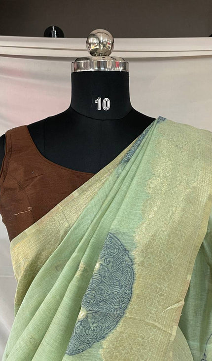 Mint Green Tissue Silk Saree with  Gold Zari Border|CS7_5