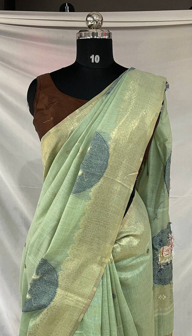 Mint Green Tissue Silk Saree with  Gold Zari Border|CS7_5