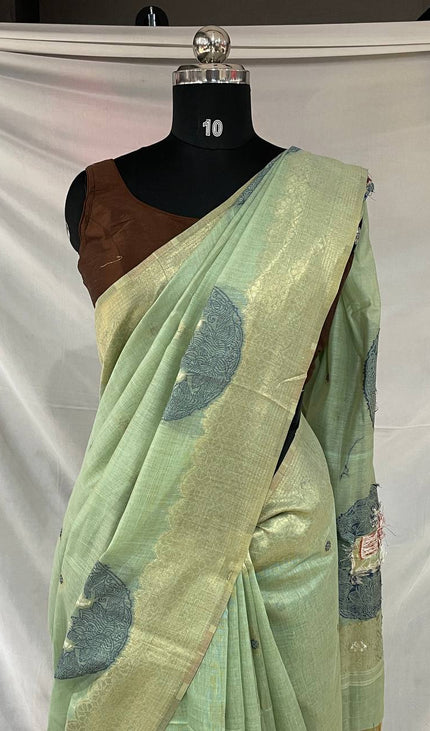 Mint Green Tissue Silk Saree with  Gold Zari Border|CS7_5