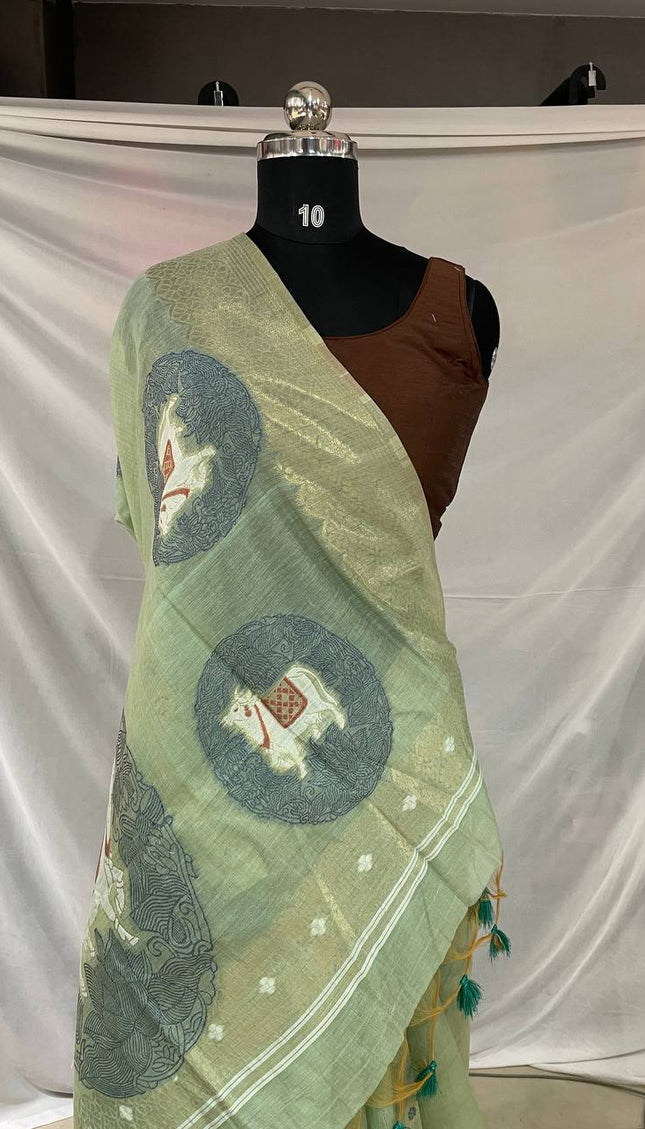 Mint Green Tissue Silk Saree with  Gold Zari Border|CS7_5