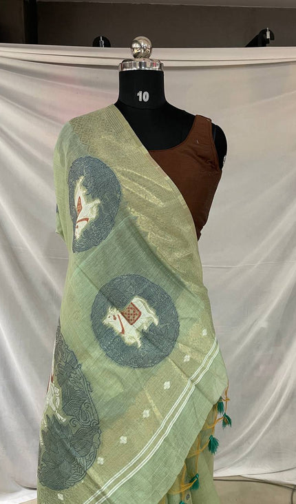 Mint Green Tissue Silk Saree with  Gold Zari Border|CS7_5